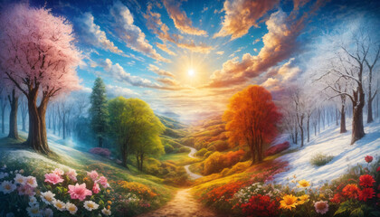 panoramic landscape representing the four seasons - spring, summer, fall, and winter. The sky should be a singular, continuous element with the sun centrally located and adorned with fluffy clouds. 