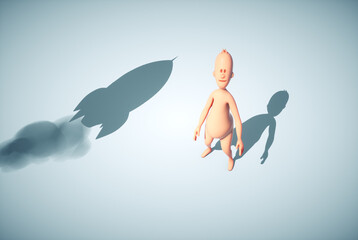 Human character looking up to a plane. Start up and growth concept.
