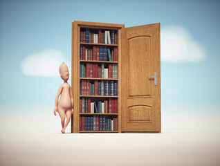 The open door of a library with old books and a 3d human character.