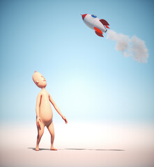 Human character looking up to a rocket. Start up and growth concept