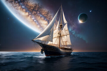 A sailing boat under the dark blue sky decorated in the dark of night. ai generated