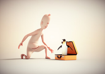 Penguin with a suitcase. Travel concept.