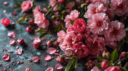 Fototapeta premium Spring background with pink flowers. Greeting card for Woman's day.