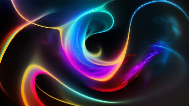 An abstract image of vivid colored lights swirling against a black background
