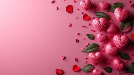 Fototapeta premium Valentine's day background, pink rose petals and hearts