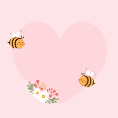Valentine's day card with heart shape card, daisies, green branch and bee cartoons on pink background vector illustration.