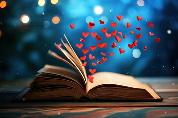 Opened book with hearts flying out, on blue festive blurred  background.