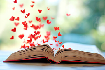 Opened book with hearts flying out, on  blurred  background.