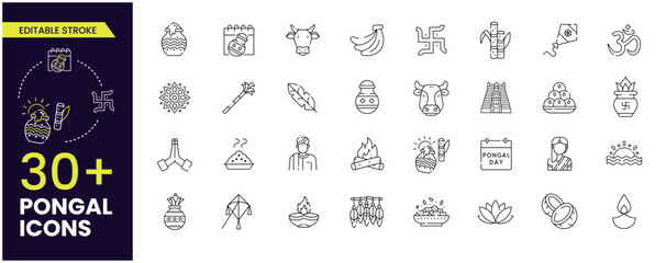 Pongal icons contains such as Cow, pongal pot, sweets, pot, Diya, Kite and more. vector illustrations, editable stroke. Collection of stroke icons. - obrazy, fototapety, plakaty