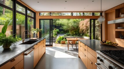 An image of a modern, open-concept kitchen with sleek, natural wood cabinets and countertops. The kitchen looks out onto a lush backyard garden through large, sliding glass doors. The room is filled