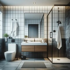 bathroom interior with shower - obrazy, fototapety, plakaty