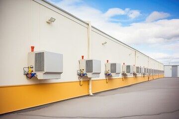 row of large outdoor industrial cooling units against a facility wall
