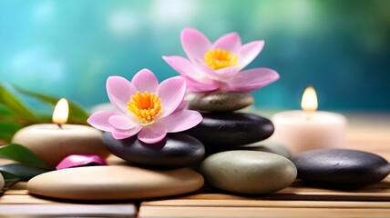 Fototapeta na wymiar Spa stones with lotus flower and candles on wooden table on natural background