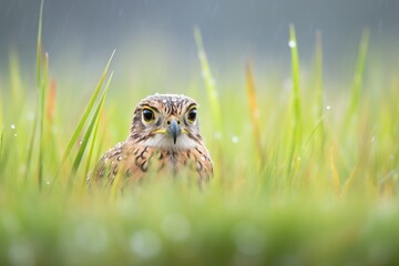a low-hovering kestrel with dew-covered grass beneath - obrazy, fototapety, plakaty