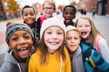 a group of kids making funny faces during a selfie session