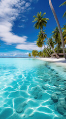 Fototapeta na wymiar Beautiful tropical paradise island with traditional wooden resort resort building, blue sky, wide sea, clear water and coconut trees created with Generative AI Technology