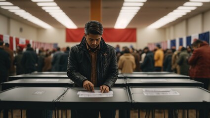 man putting his vote in the ballot box at a polling station - obrazy, fototapety, plakaty