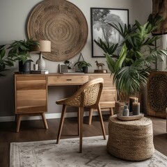 Home Office A Bali-themed home office can have a natural wood desk and chair, a large potted plant, and Balinese wall art. A woven rattan storage cabinet and a natural rug with a tropical print can
