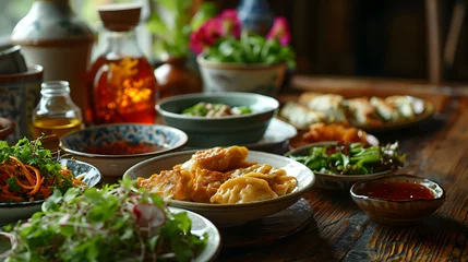 Fotobehang Close-up of food in restaurant, dumplings, for menu design, decoration © chui