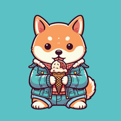 Cute Shiba Inu Eat Ice Cream Vector Cartoon Vector Illustration
