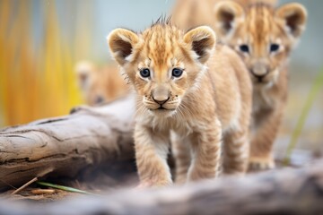 Obraz premium young lion cubs exploring near resting mother