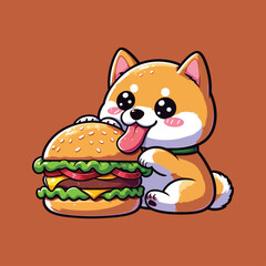 Cute Shiba Inu dog eating fast food  cartoon mascot vector illustration