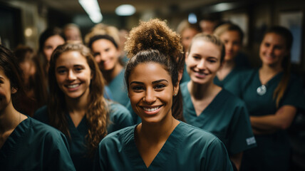 Portrait of a diverse group of doctors and medical workers in a hospital with a stethoscope - obrazy, fototapety, plakaty