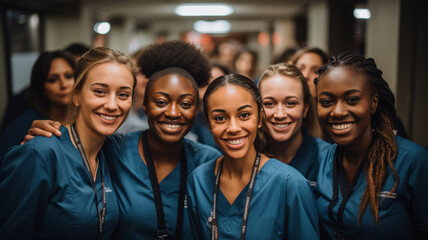 Fototapeta premium Portrait of a diverse group of doctors and medical workers in a hospital with a stethoscope