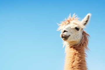 Obraz premium fluffy white llama against a clear blue sky background