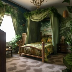 Jungle Kid s Bedroom Theme A bedroom that features a jungle theme with greenery, animal prints, and a canopy bed with mosquito netting. Think of a wall mural that looks like a jungle scene, animal-