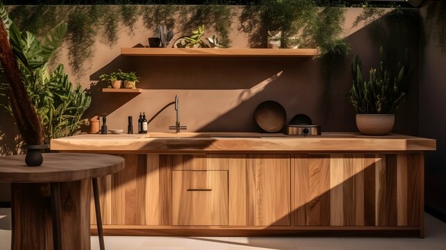 An image of an outdoor kitchen with a natural wood bar and plenty of storage space for outdoor cooking equipment and tools. The outdoor kitchen is positioned near a pool and has plenty of natural e