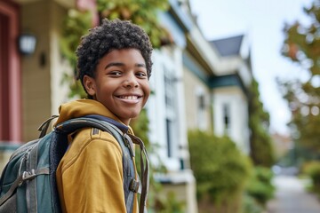 Smiling teenage boy with school bag in front of school 