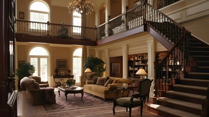 A picture of a double-height living room with a classical and elegant style. The room features a grand staircase with wrought iron balusters and a natural wood handrail, leading to the second level - obrazy, fototapety, plakaty