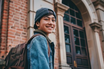 Naklejka premium Smiling teenage boy with school bag in front of school 