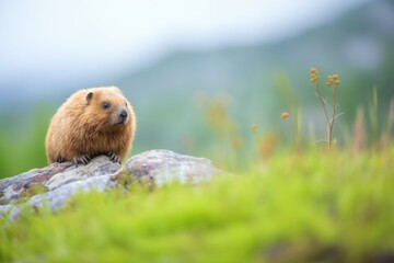 marmot sitting on a smooth boulder in meadow - obrazy, fototapety, plakaty
