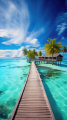 Fototapeta premium beautiful view of a tropical island with traditional wooden resort buildings, blue sky, expanse of sea, clear water and coconut trees