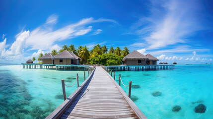 beautiful view of a tropical island with traditional wooden resort buildings, blue sky, expanse of sea, clear water and coconut trees created with Generative AI Technology - obrazy, fototapety, plakaty