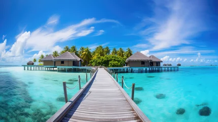 Fotobehang beautiful view of a tropical island with traditional wooden resort buildings, blue sky, expanse of sea, clear water and coconut trees created with Generative AI Technology © AstraNova