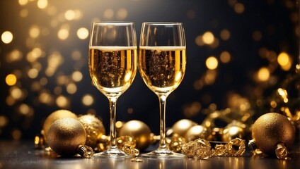 Glasses of champagne. Celebrating the New Year, Christmas. Black background with bokeh, gold ribbons and balls. Holiday wallpapers. Photo for postcards, greetings, holidays, invitations.