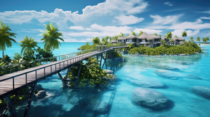 Fototapeta na wymiar beautiful view of a tropical island with traditional wooden resort buildings, blue sky, expanse of sea, clear water and coconut trees created with Generative AI Technology