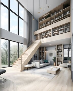 An image of a double-height living room with a modern and minimalistic style. The room features a natural wood staircase leading to the second level, which has a home office area and a built-in boo