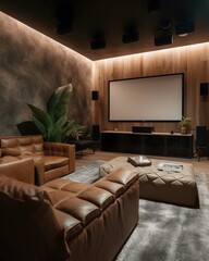 A picture of a home theater with a large screen and plenty of comfortable seating made of natural materials like leather and wood. The home theater has a modern and minimalistic style with clean li - obrazy, fototapety, plakaty