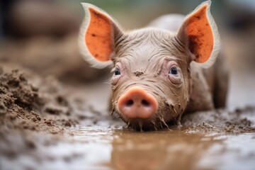 young pig playing in a mud bath