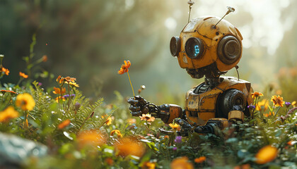 Robot picking flowers in wildflower field. AI face profile. Artificial intelligence in humanoid head take in hand artificial robotic flower. Sci-fi future concept. Computer neural network