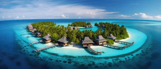 Foto op Aluminium Beautiful view of a tropical paradise island with traditional wooden resort buildings, blue sky, expanse of sea, clear water and coconut trees created with Generative AI Technology © AstraNova