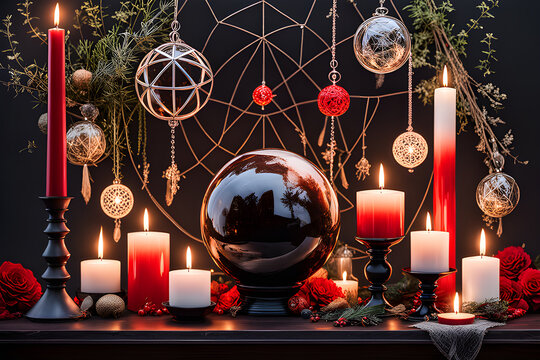 burning candle, moon symbol, amulet and ball lying on a dark natural background. Witchcraft, esoteric spiritual ritual. holiday of the autumn equinox. photo Playground AI platform.