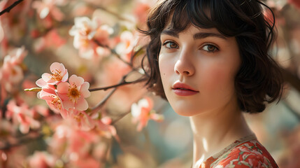 Outdoors portrait of a beautiful caucasian young brunette woman in a spring peach blossom garden. Beauty, fashion. Flowering trees nature background. Springtime blooming concept.