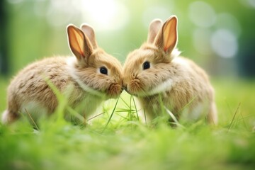 Fototapeta premium two rabbits touching noses in green grass
