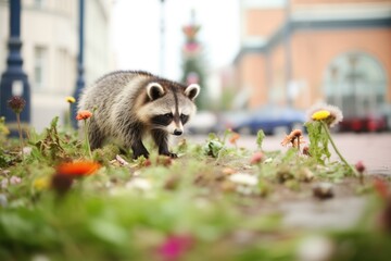raccoon foraging in a flowerbed in a public square