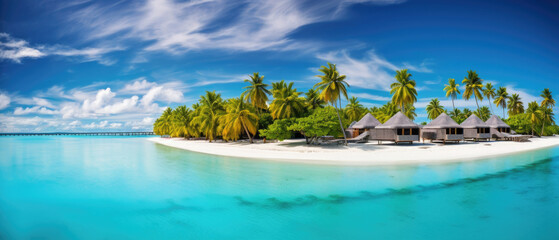 beautiful view of a tropical paradise island with traditional wooden resort buildings, blue sky, expanse of sea, clear water and coconut trees created with Generative AI Technology
